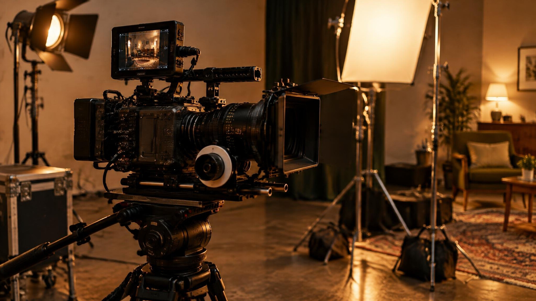 Film crew camera setup on a production set