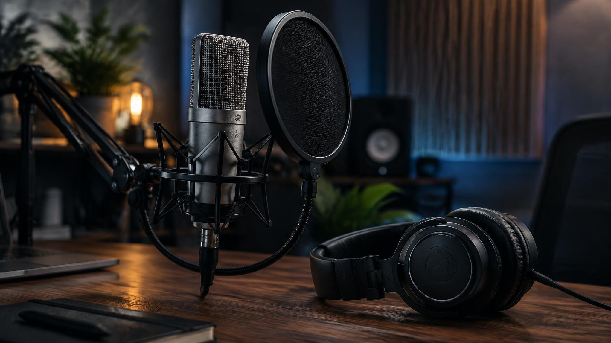 Studio microphone and headphones for sound check