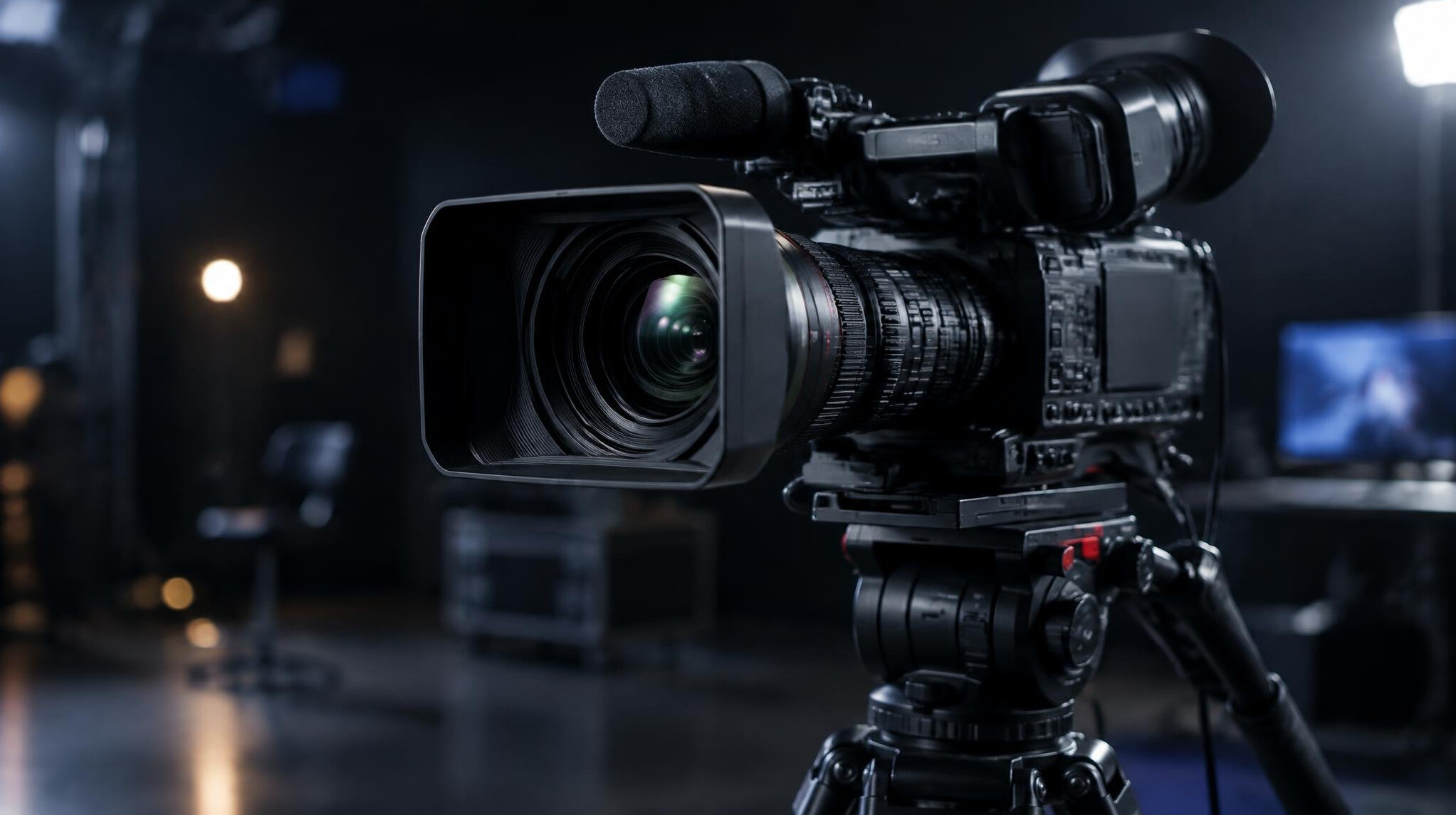 Professional video camera on a tripod ready for news coverage