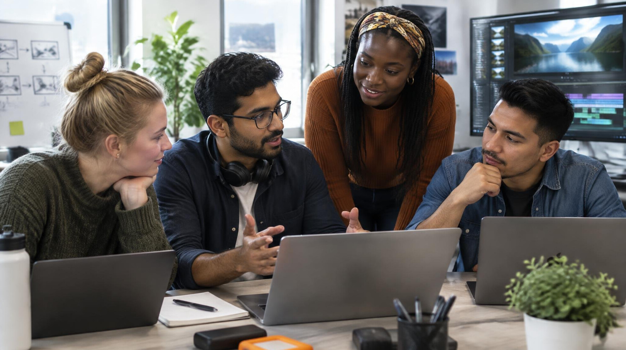 Production team discussing workflow at laptops