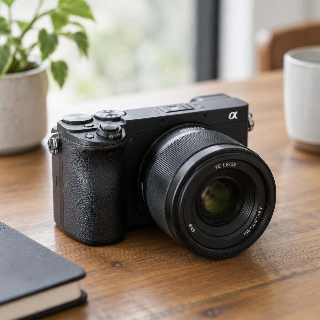 Camera body and lens on a wooden table