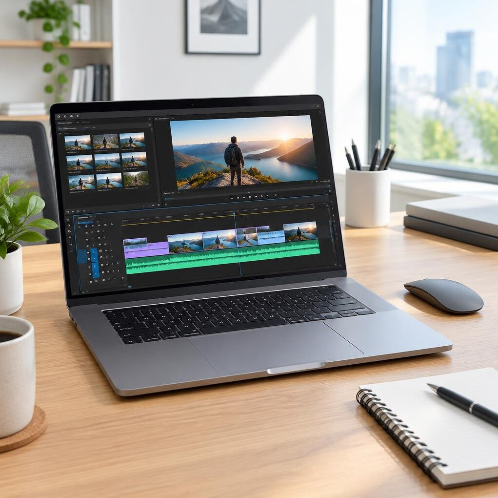 Laptop with editing software on a desk
