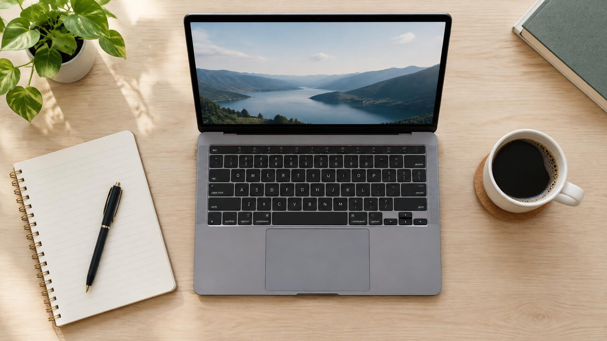 Laptop and notebook on a workspace desk