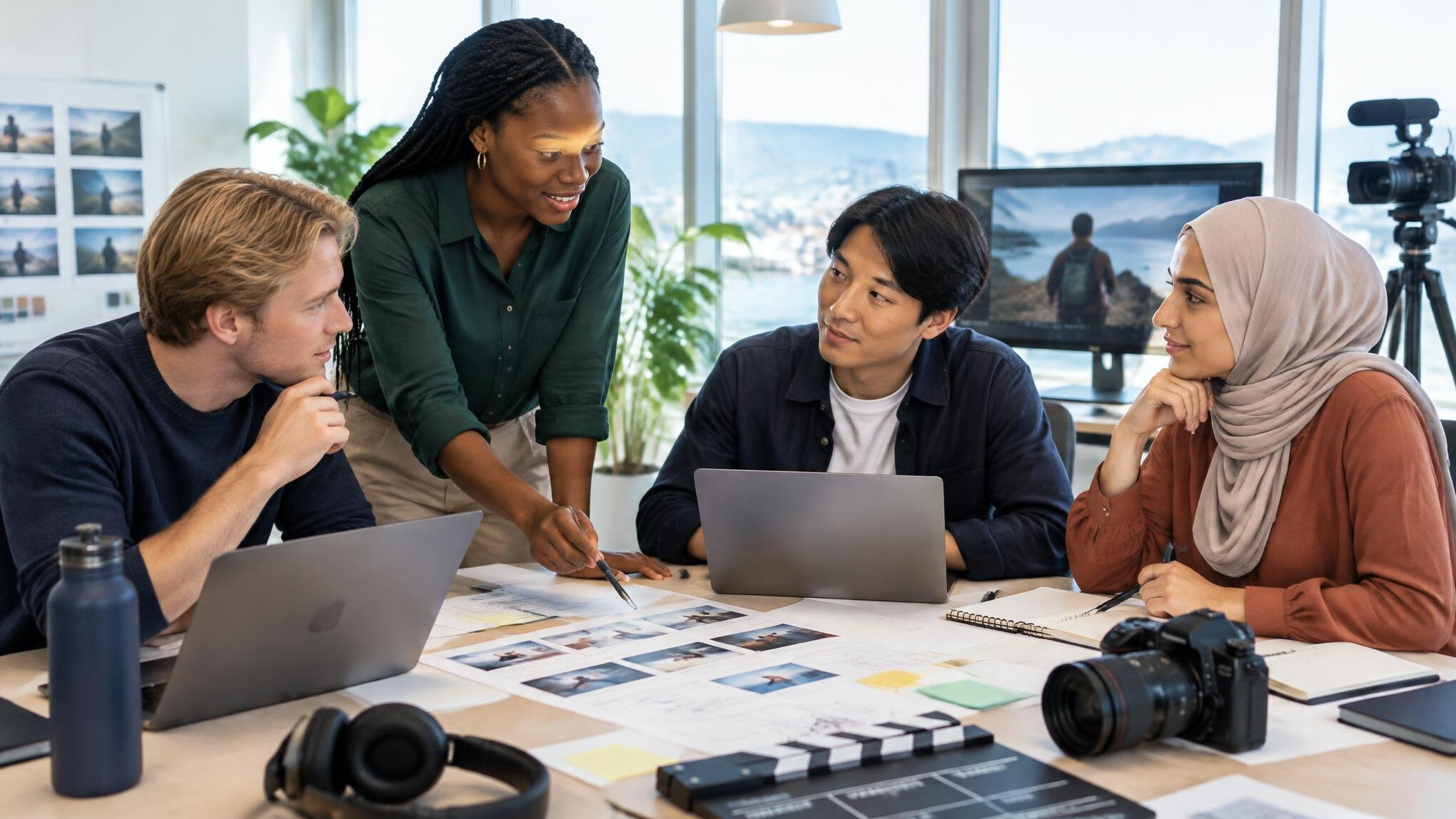 Colleagues in a meeting room planning a production
