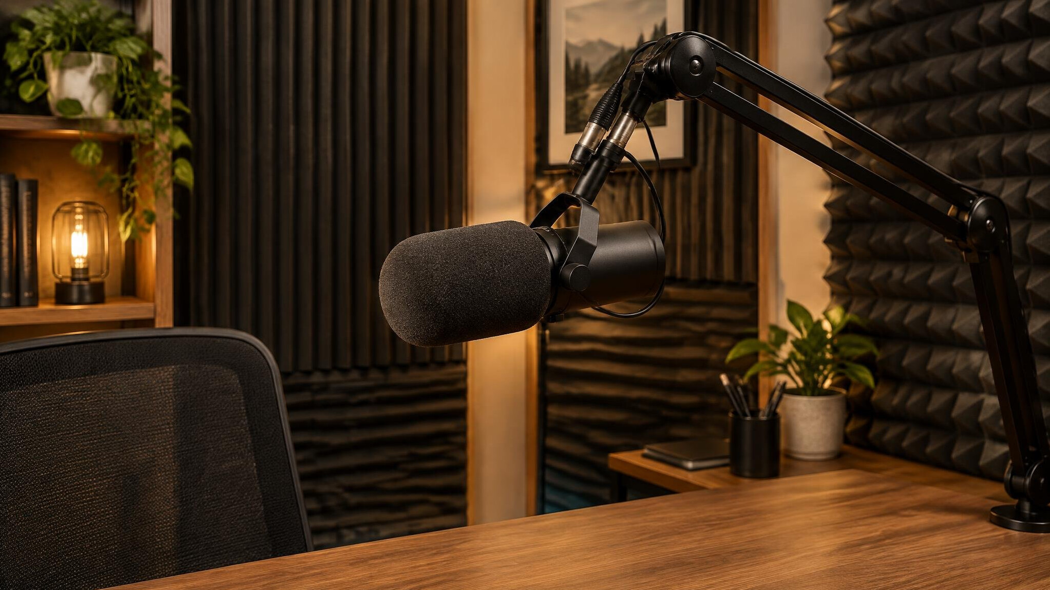 Podcast microphone in a sound recording studio
