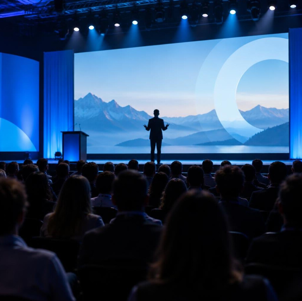 Event stage with large screen and speakers