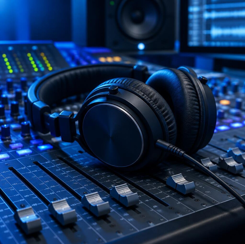 Studio headphones on a mixing desk
